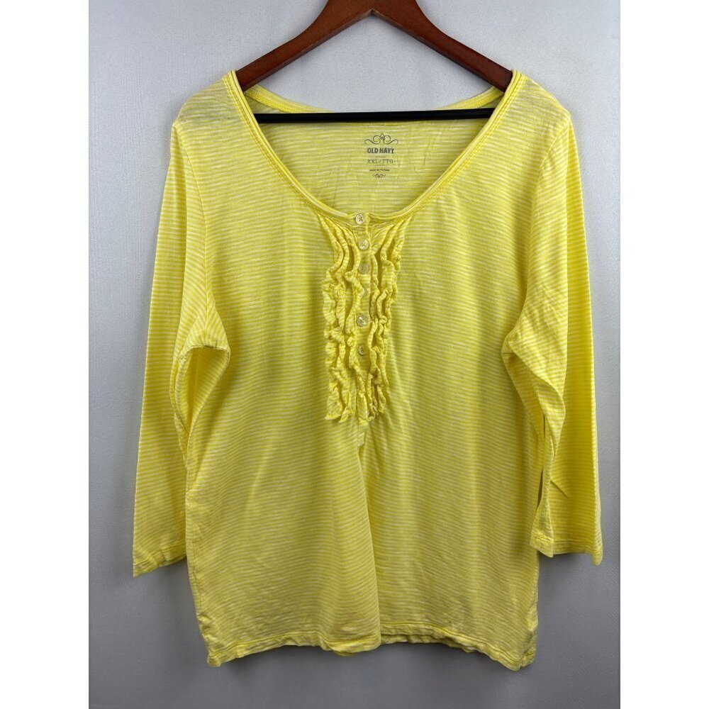 Women’s Old Navy 2XL Yellow & White Striped Long Sleeve Shirt with Ruffled Butto